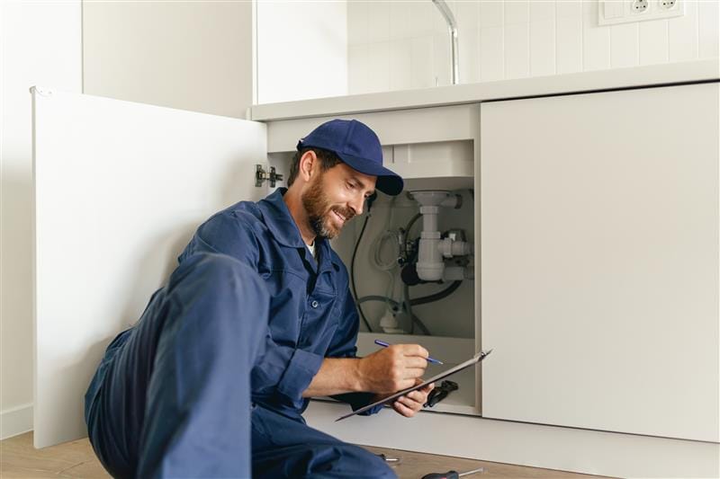 Residential plumber reviewing plumbing repairs in a Winter Haven kitchen